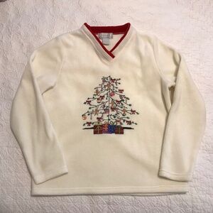 Passports long sleeve v-neck holiday fleece with embroidered Christmas tree (L)